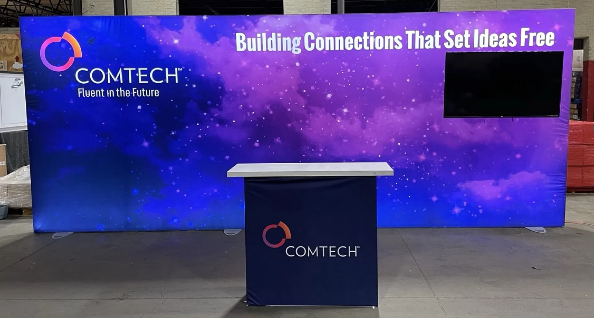 The Comtech exhibit fully assembled inside Evolution's fabrication shop.